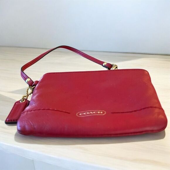 Coach Women's Red Leather Gold Logo Accents Coin Wristlet Strap Clutch Bag Purse - Picture 4 of 11